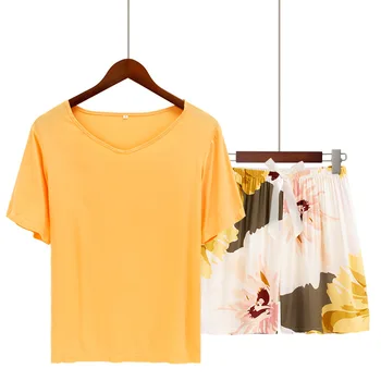 Большой размер S-3XL Женская пижамная футболка из вискозы с шортами с узлом бабочки Пижама для женщин Домашняя одежда Снаружи